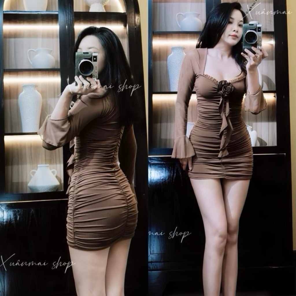 Đầm HOA TRƯỚC TUA RUA tay loe lưới nhúm hông ngắn chất Ladong XuânMai shop - Nữ