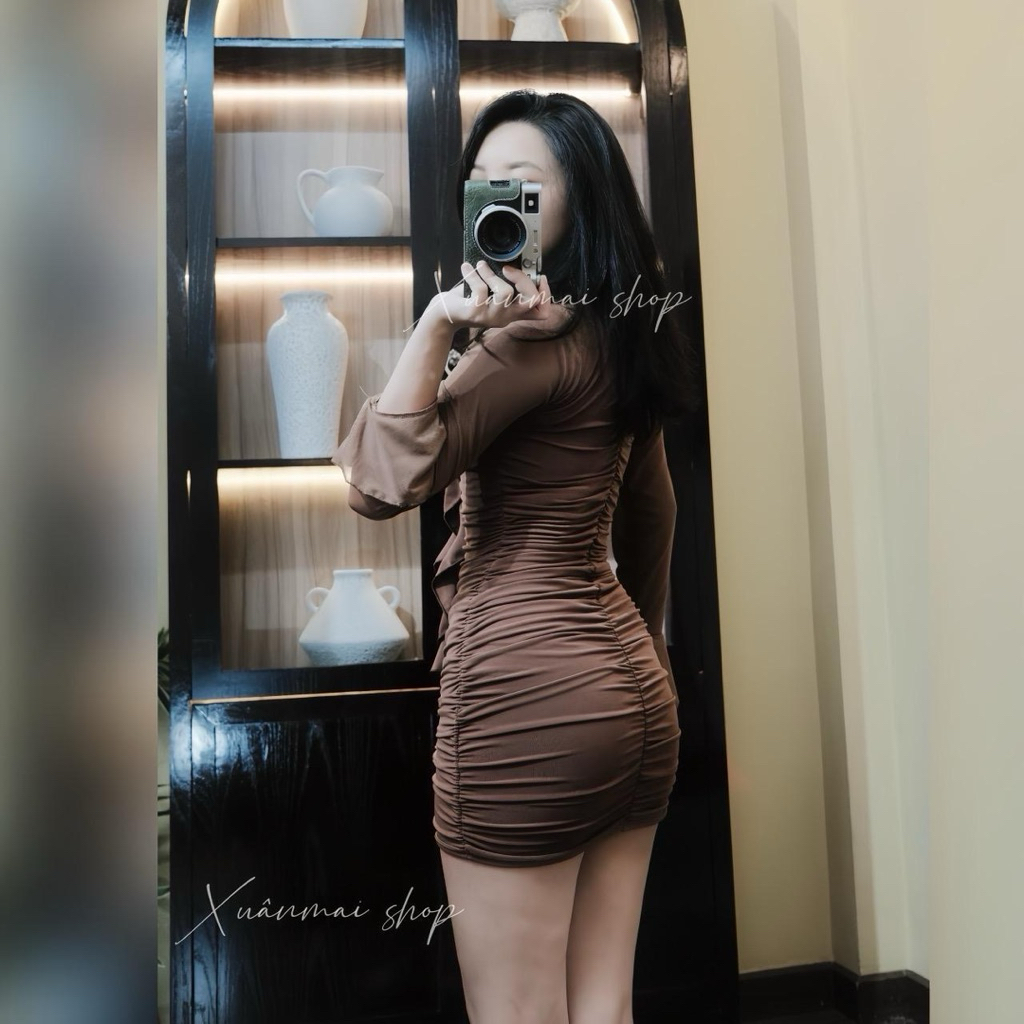 Đầm HOA TRƯỚC TUA RUA tay loe lưới nhúm hông ngắn chất Ladong XuânMai shop - Nữ