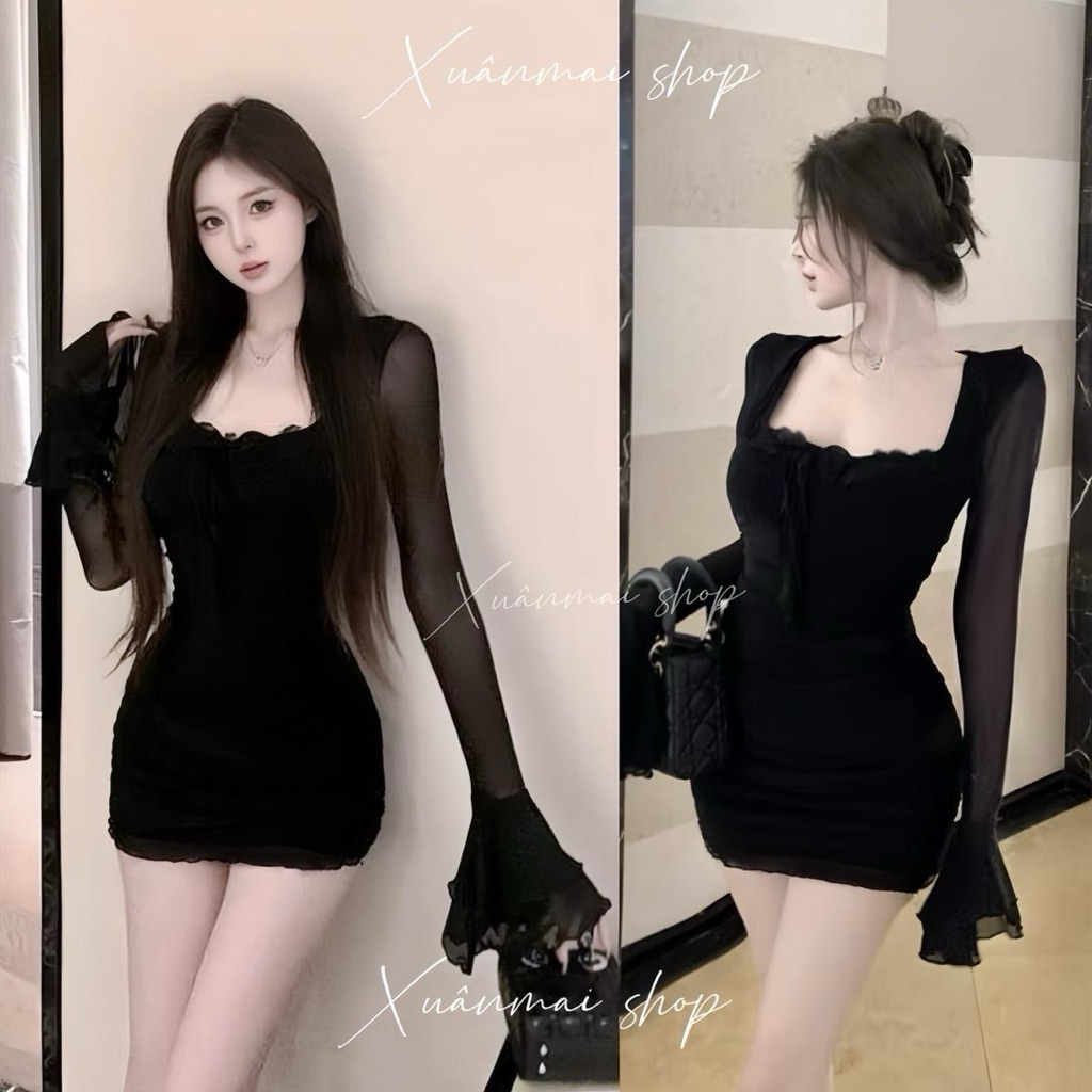 Đầm HOA TRƯỚC TUA RUA tay loe lưới nhúm hông ngắn chất Ladong XuânMai shop - Nữ