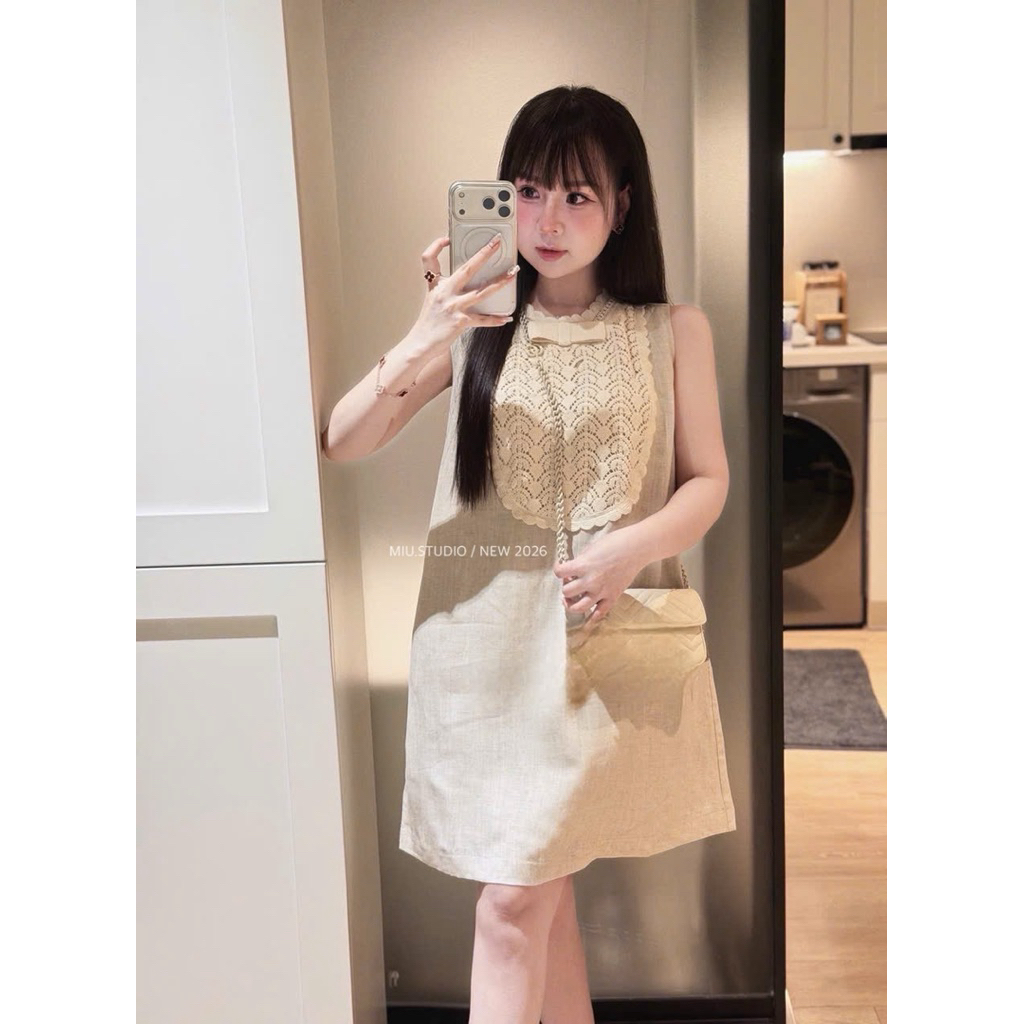 Đầm suông sát nách phối ren cổ nơ sang chảnh, Váy chữ A màu be vintage chất liệu linen cao cấp mặc đi du lịch , đi chơi