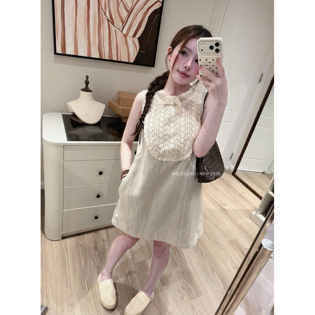 Đầm suông sát nách phối ren cổ nơ sang chảnh, Váy chữ A màu be vintage chất liệu linen cao cấp mặc đi du lịch , đi chơi