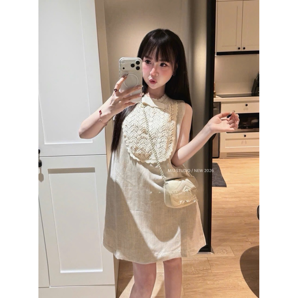 Đầm suông sát nách phối ren cổ nơ sang chảnh, Váy chữ A màu be vintage chất liệu linen cao cấp mặc đi du lịch , đi chơi