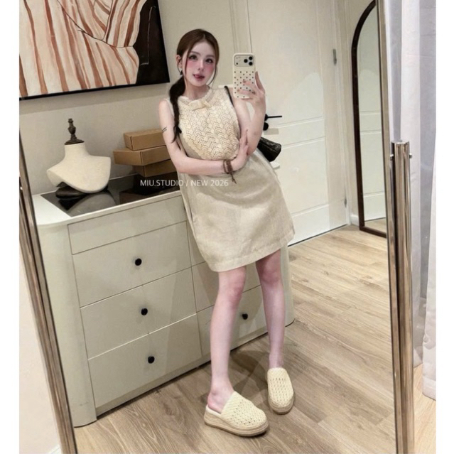 Đầm suông sát nách phối ren cổ nơ sang chảnh, Váy chữ A màu be vintage chất liệu linen cao cấp mặc đi du lịch , đi chơi