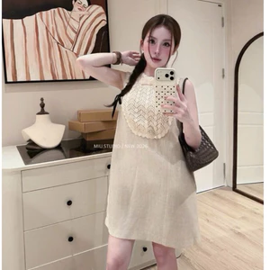 Đầm suông sát nách phối ren cổ nơ sang chảnh, Váy chữ A màu be vintage chất liệu linen cao cấp mặc đi du lịch , đi chơi