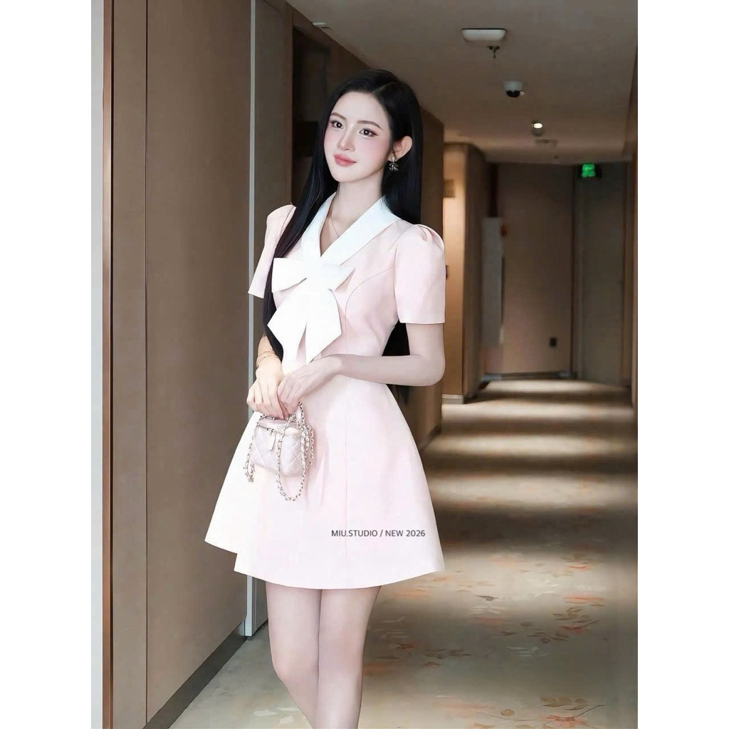 Đầm tiểu thư dáng A cổ nơ tay ngắn nhẹ nhàng thanh lịch , Váy xoè phối màu style Hàn Quốc cực xinh cho nàng công sở