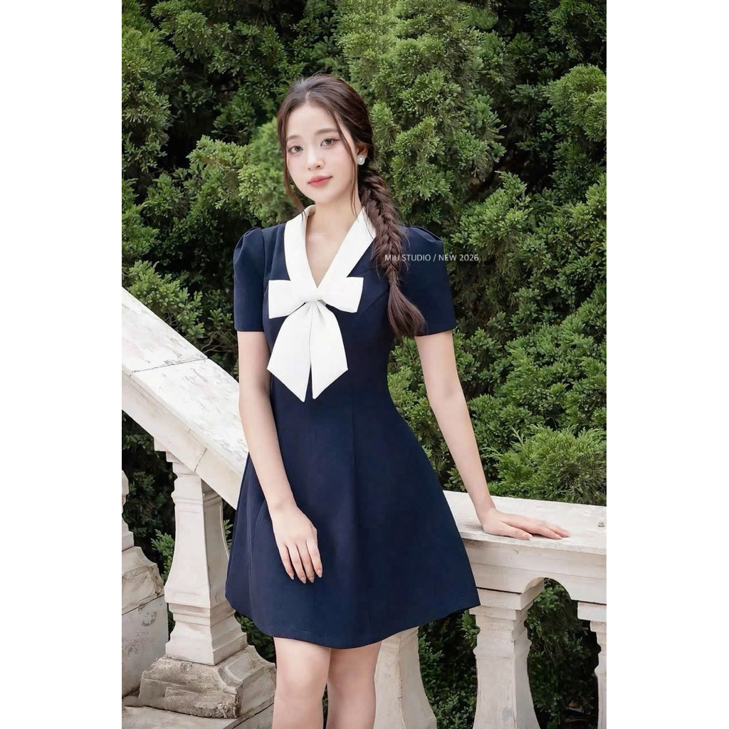 Đầm tiểu thư dáng A cổ nơ tay ngắn nhẹ nhàng thanh lịch , Váy xoè phối màu style Hàn Quốc cực xinh cho nàng công sở