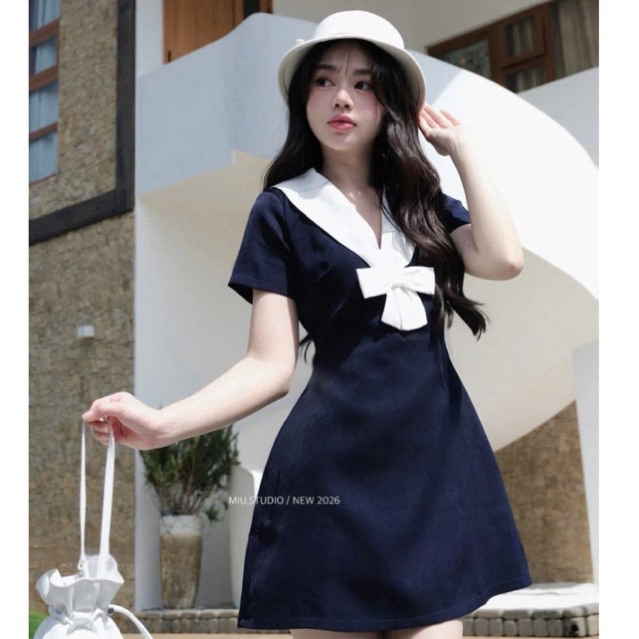 Đầm tiểu thư dáng A cổ nơ tay ngắn nhẹ nhàng thanh lịch , Váy xoè phối màu style Hàn Quốc cực xinh cho nàng công sở