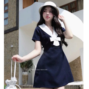 Đầm tiểu thư dáng A cổ nơ tay ngắn nhẹ nhàng thanh lịch , Váy xoè phối màu style Hàn Quốc cực xinh cho nàng công sở
