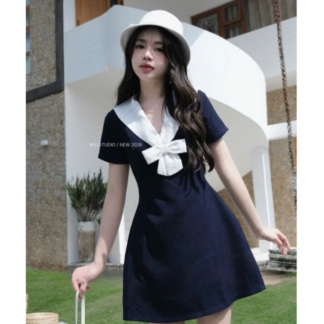 Đầm tiểu thư dáng A cổ nơ tay ngắn nhẹ nhàng thanh lịch , Váy xoè phối màu style Hàn Quốc cực xinh cho nàng công sở