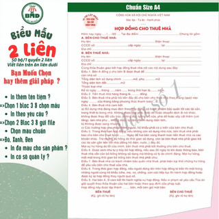 Hợp đồng cho thuê Nhà/Căn Hộ/Mặt Bằng 2 liên(A4)-Bloc 1(in sẵn) & Bloc 3( in tên) hoặc theo thiết kế