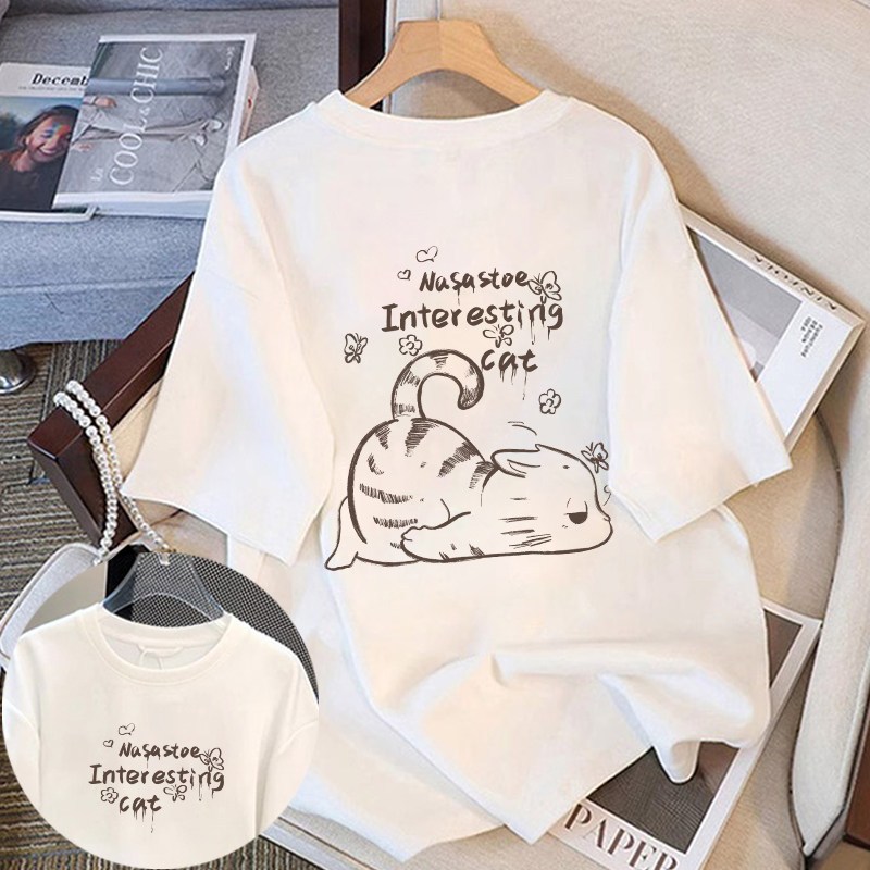 Áo thun nữ HappyTee - Áo thun Chú Mèo nằm dòng chữ Nasastoe Interestig cat