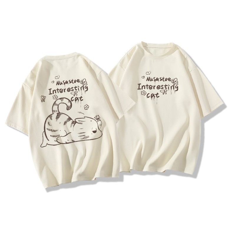 Áo thun nữ HappyTee - Áo thun Chú Mèo nằm dòng chữ Nasastoe Interestig cat