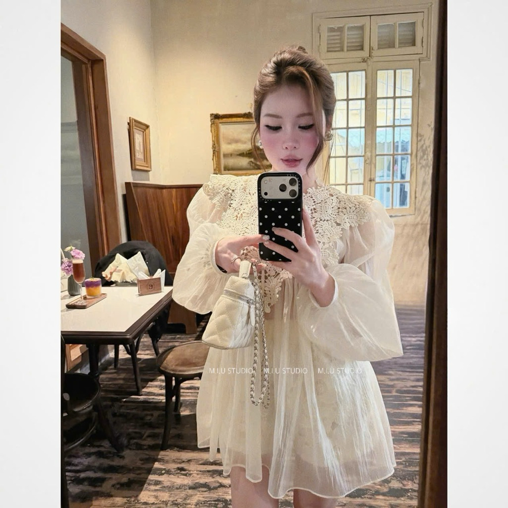 Set 3 món voan tơ phối ren cao cấp , Áo tơ tay bồng phối ren điệu đà (kèm áo trong) phối quần short giấu quần cực xinh