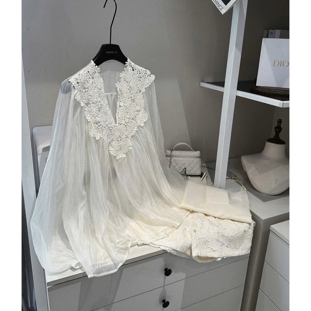 Set 3 món voan tơ phối ren cao cấp , Áo tơ tay bồng phối ren điệu đà (kèm áo trong) phối quần short giấu quần cực xinh