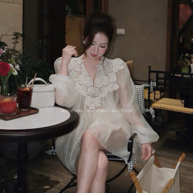 Set 3 món voan tơ phối ren cao cấp , Áo tơ tay bồng phối ren điệu đà (kèm áo trong) phối quần short giấu quần cực xinh