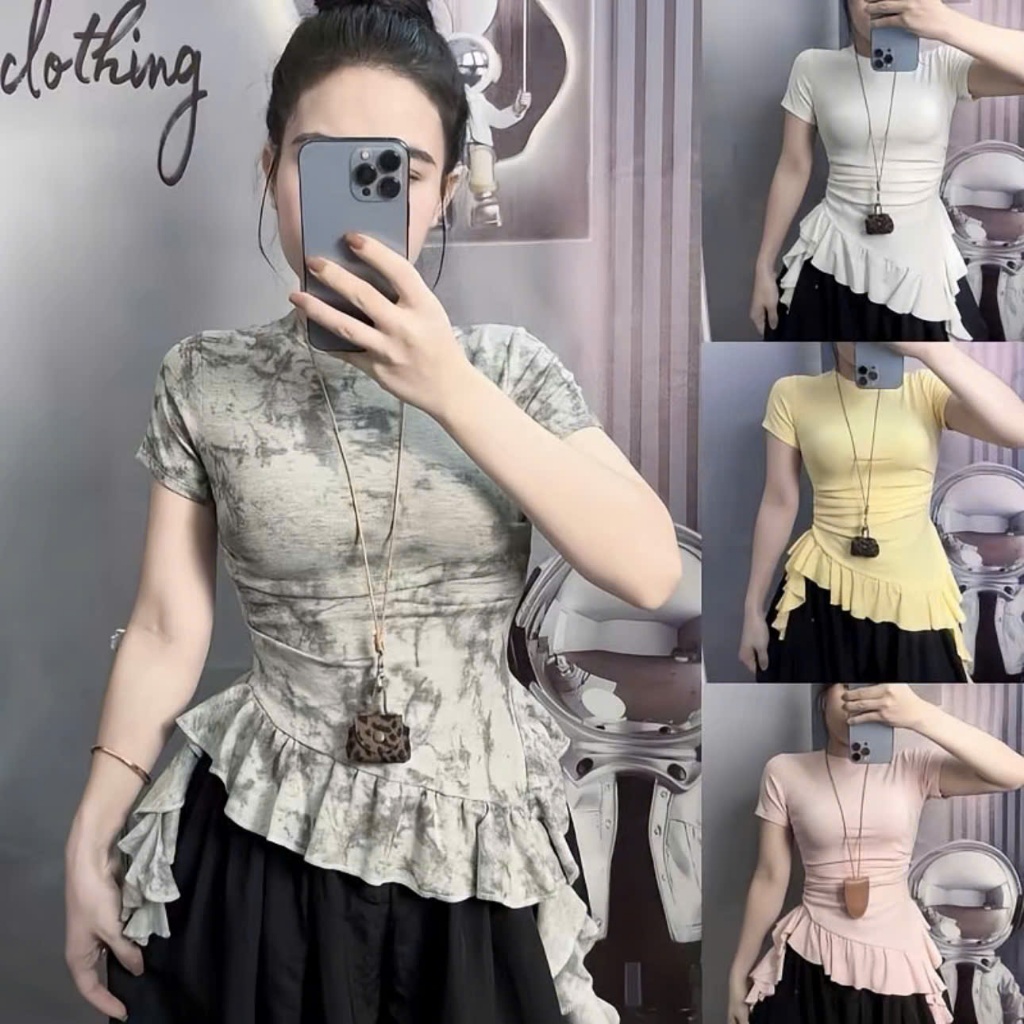 (SẴN HÀNG- Xs-3xl) ÁO CỔ TRÒN BÈO- Tay ngắn, chất ríp lụa mịn có nhún eo, phối  bèo, bacsic dễ mặc