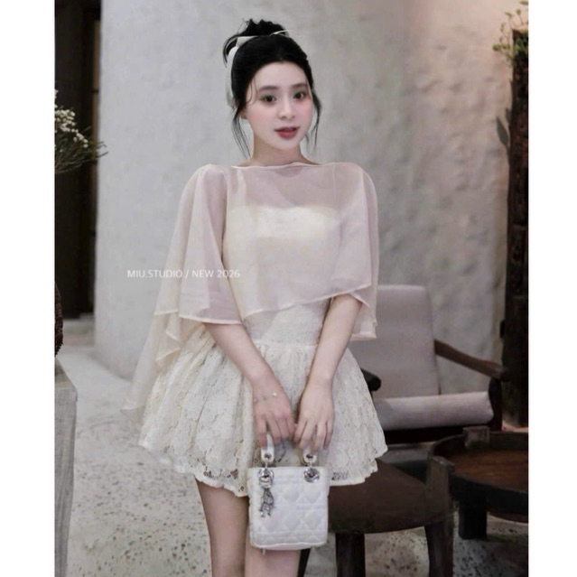 Váy ren hoa bồng xoè phối choàng tơ cao cấp , Đầm tiểu thư dáng ngắn cho các nàng mặc đi tiệc, đi hẹn hò , đi cafe
