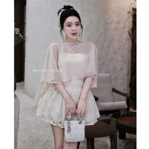 Váy ren hoa bồng xoè phối choàng tơ cao cấp , Đầm tiểu thư dáng ngắn cho các nàng mặc đi tiệc, đi hẹn hò , đi cafe
