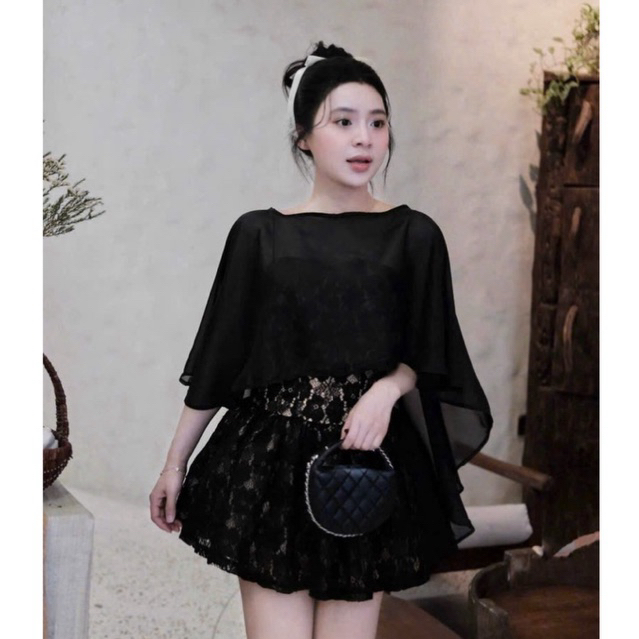 Váy ren hoa bồng xoè phối choàng tơ cao cấp , Đầm tiểu thư dáng ngắn cho các nàng mặc đi tiệc, đi hẹn hò , đi cafe