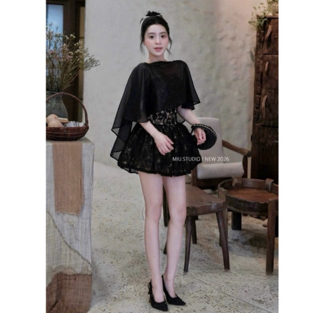 Váy ren hoa bồng xoè phối choàng tơ cao cấp , Đầm tiểu thư dáng ngắn cho các nàng mặc đi tiệc, đi hẹn hò , đi cafe