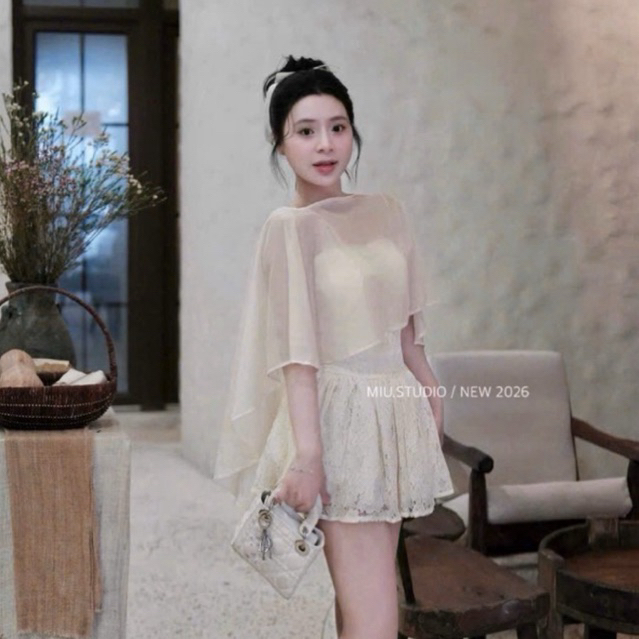 Váy ren hoa bồng xoè phối choàng tơ cao cấp , Đầm tiểu thư dáng ngắn cho các nàng mặc đi tiệc, đi hẹn hò , đi cafe