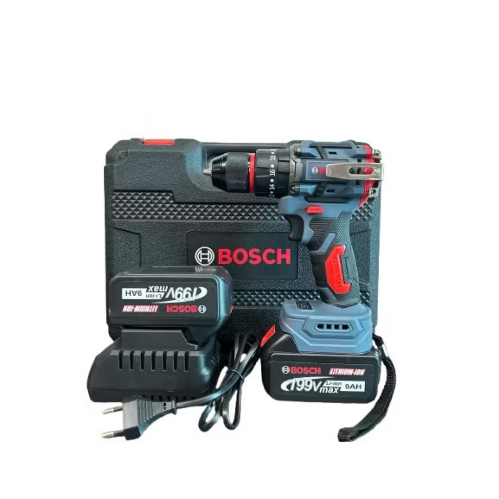 Máy khoan bosch 199v 10mm 3 chức năng có búa đầu auto lock chân pin phổ thông tặng 25 món phụ kiện