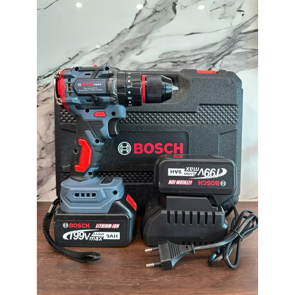 Máy khoan bosch 199v 10mm 3 chức năng có búa đầu auto lock chân pin phổ thông tặng 25 món phụ kiện