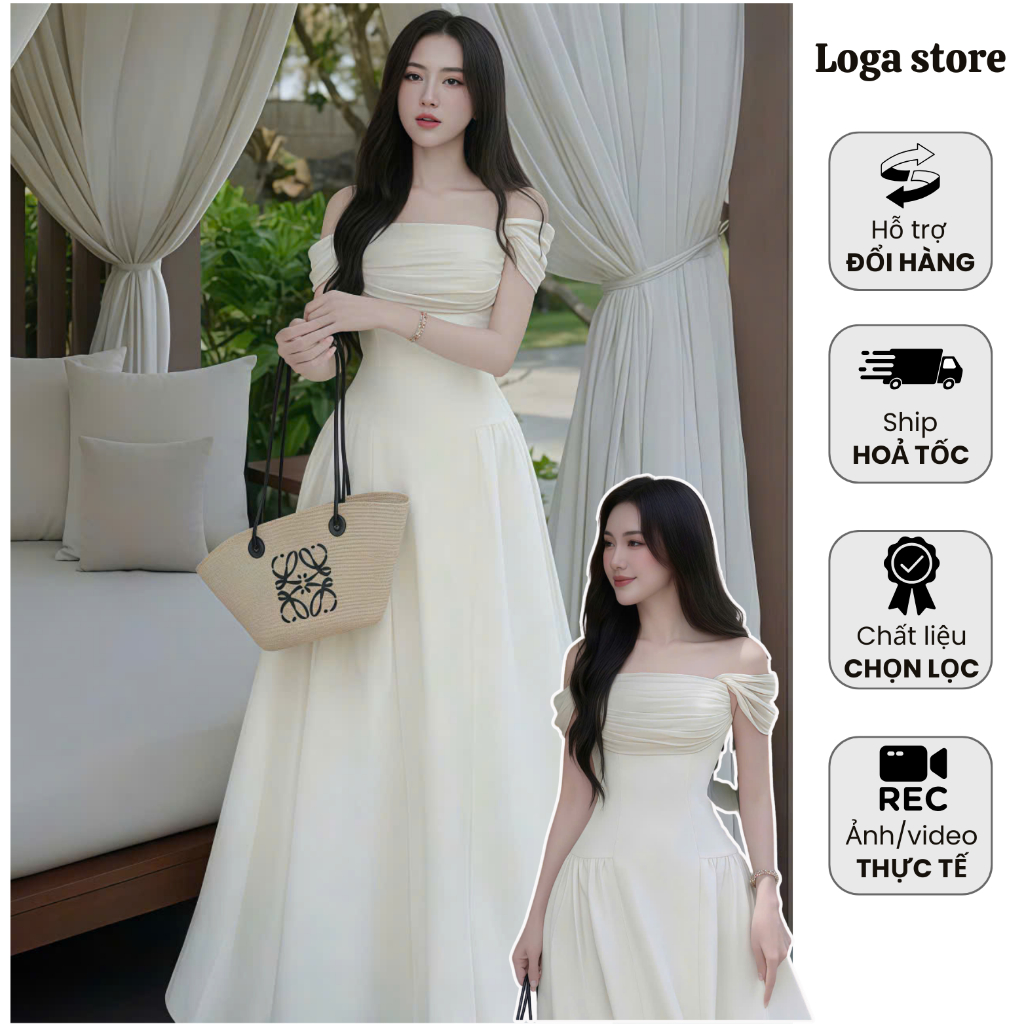 Đầm Trễ Vai Dự Tiệc Bãi Biển Dáng Dài,Đầm Maxi Đi Biển Phối Tơ Ngực Thanh Lịch Loga Store_L787
