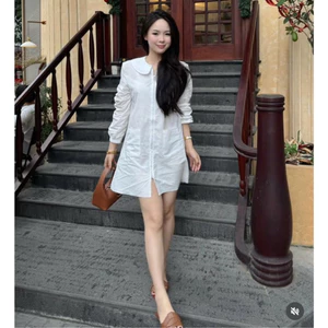 Đầm sơmi trắng phối khoá kéo dáng xoè nhẹ vibe trẻ trung năng động, Váy xuông cổ sen tay bồng basic chuẩn gu Hàn Quốc