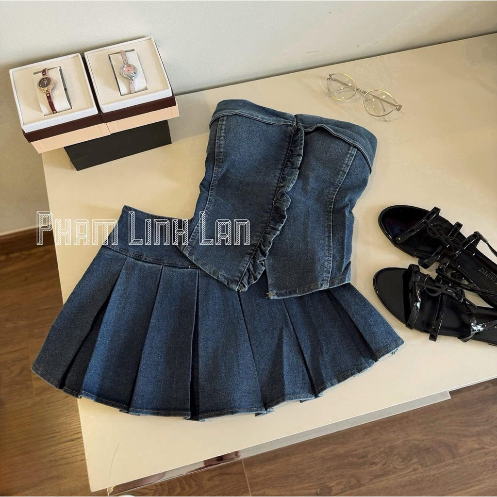 Set áo quây bèo dọc chân váy jeans xếp ly