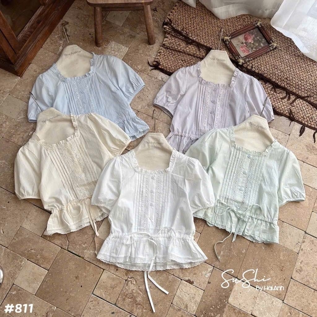 [𝑯𝒂 𝑨𝒏𝒉] Áo Sơ Mi Cộc Cổ Vuông Rút Eo QCL1