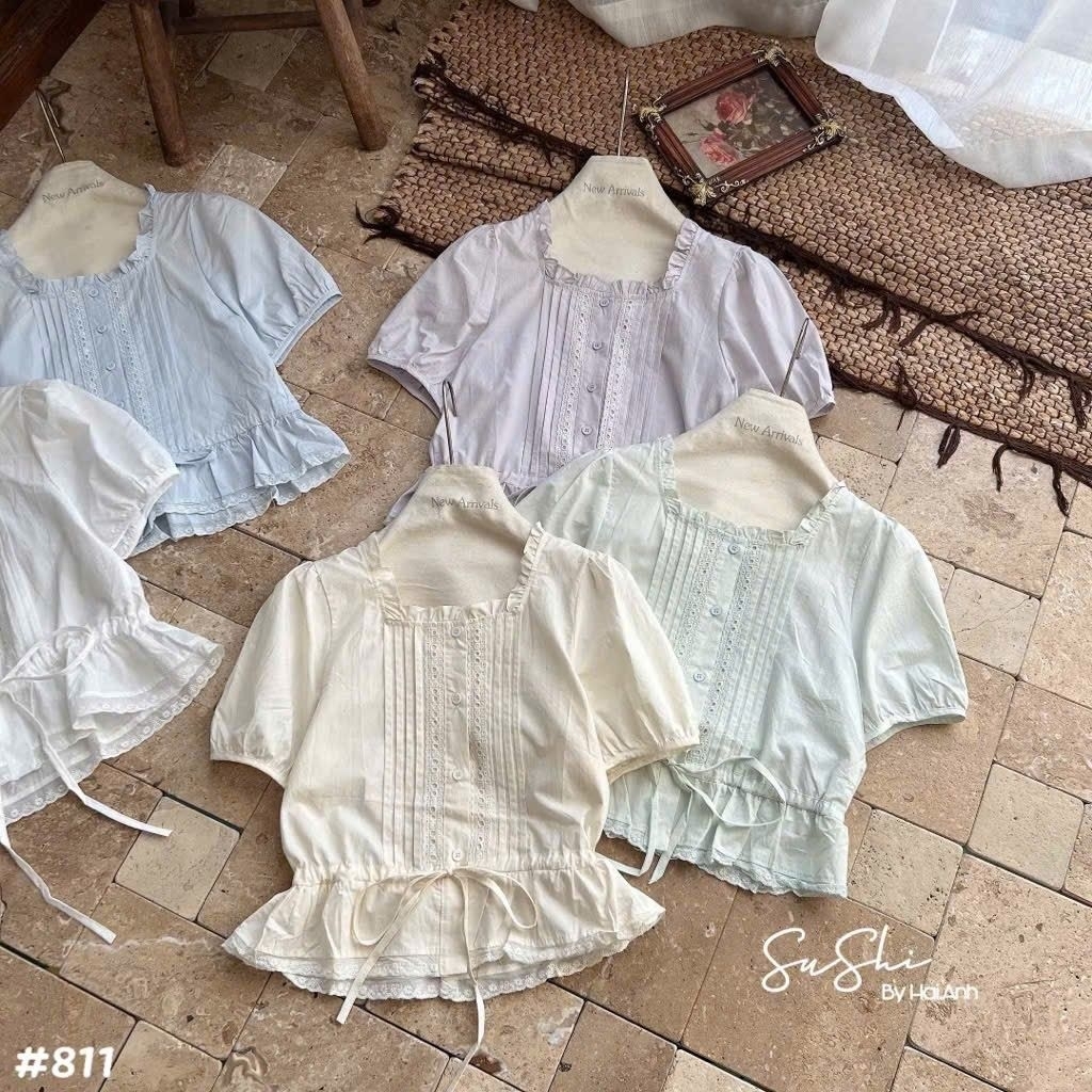 [𝑯𝒂 𝑨𝒏𝒉] Áo Sơ Mi Cộc Cổ Vuông Rút Eo QCL1