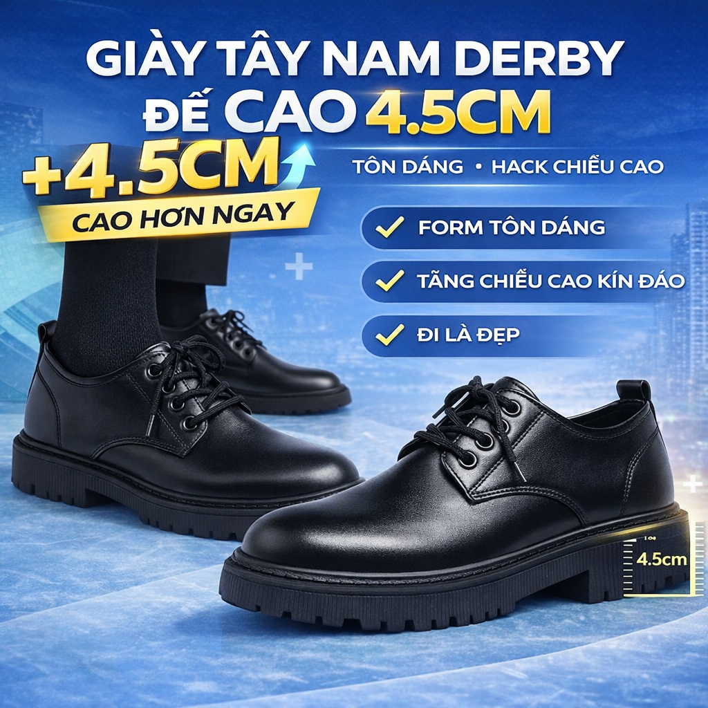 Giày Tây Nam Derby Đế Cao 4.5cm – Giày Da Nam Chunky Cao Cấp, Tôn Dáng, Tăng Chiều Cao, Đi Êm, Dễ Phối