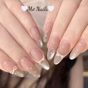 Nail Box Thiết Kế Móng Úp, Mong Giả Mắt Mèo Ombre Nền Thạch Hồng Nude Chấm Bi Tiểu Thư Dễ Thương M20