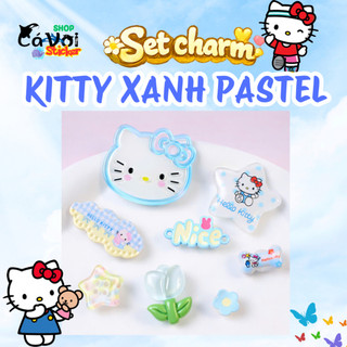 Set Charm Mèo Hello Kitty Xanh Pastel Cute Kawaii Mini – Charm Ngôi Sao Nice Hoa Trong Suốt Trang Trí Dép
