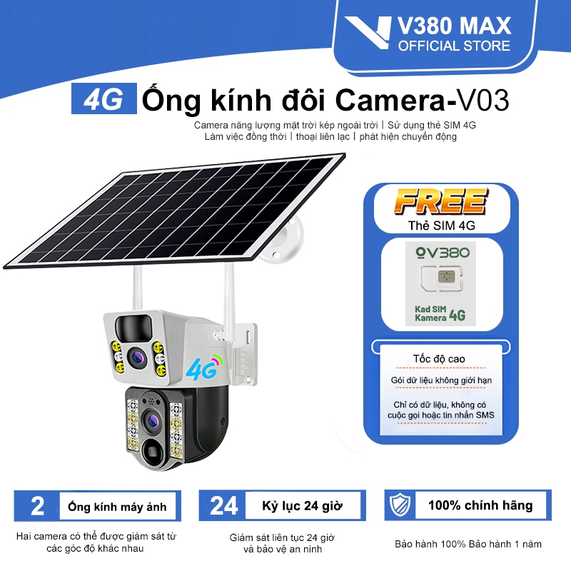 Solar giám sát Camera 2 mắt 4G WiFi 360 độ V380 MAX 1080P HD IP Máy ảnh Không thấm nước ngoài trời
