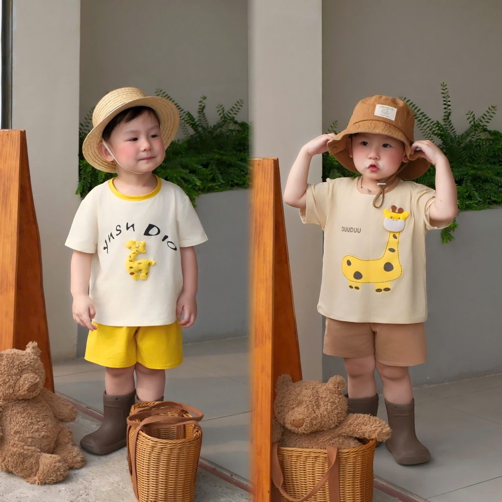 (VNTK)Bộ quần áo cộc tay họa tiết hình thú 3D, chất cotton mềm mại ,thoáng mát cho bé  đi học đi chơi size 9-23kg