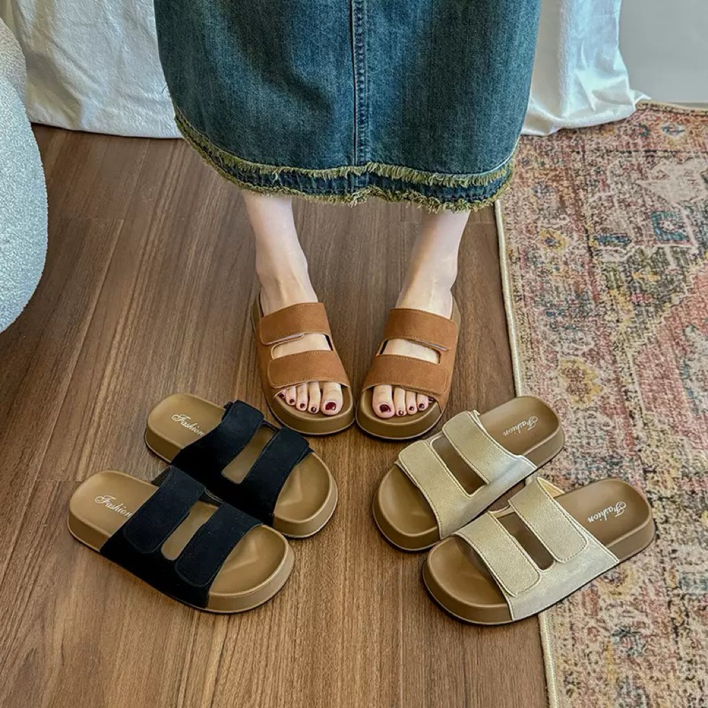 [TĂNG SIZE]Dép sandal quai ngang da Pu nữ kiểu dán đế 3cm mùa hè mới