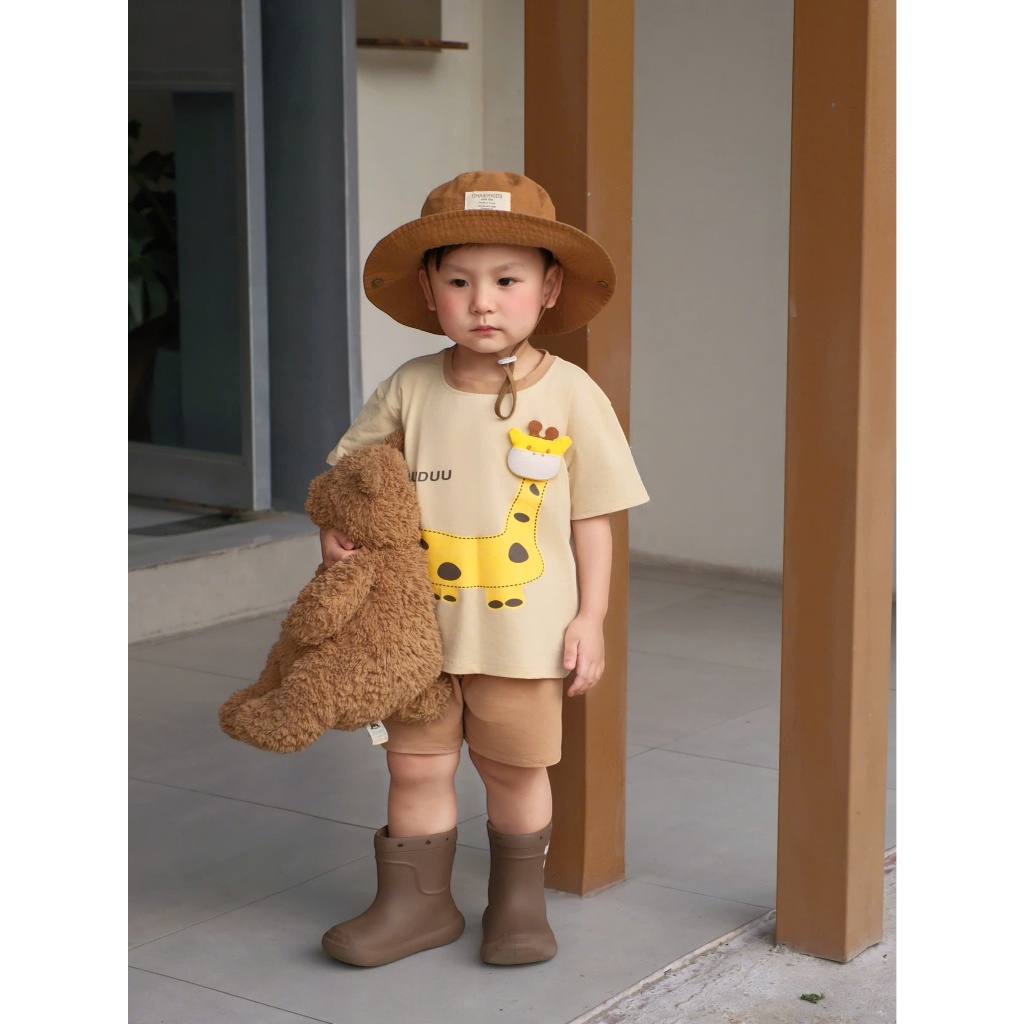 (VNTK)Bộ quần áo cộc tay họa tiết hình thú 3D, chất cotton mềm mại ,thoáng mát cho bé  đi học đi chơi size 9-23kg