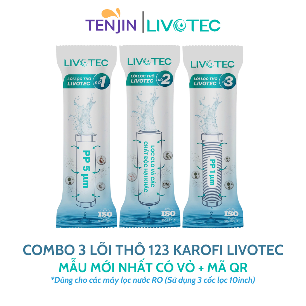 Bộ 3 Lõi Lọc Nước 123 Livotec Dùng Cho Máy Có 3 Cốc Lọc 10 inch Máy Livotec, Karofi, Kangaroo Thường- Hàng Chính Hãng