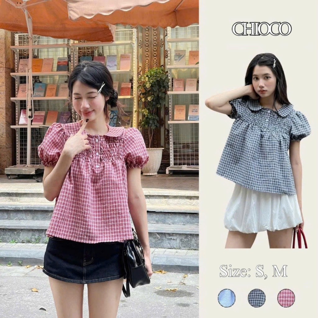7. [BST HÈ 2026 - CHIOCO] Áo Babydoll Kẻ Caro Cổ Sen Dễ Thương, Áo kiểu kẻ caro dễ thương – A595