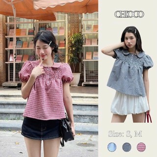 [BST HÈ 2026 - CHIOCO] Áo Babydoll Kẻ Caro Cổ Sen Dễ Thương, Áo kiểu kẻ caro phối 3 cúc siêu dễ thương – A595.
