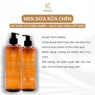[COMBO 3 CHAI] Men Dừa Rửa Chén Bát Thiên Nhiên Konus Homecare Tinh Dầu Sả Chanh Làm Sạch Dầu Mỡ Khử Mùi 500ml