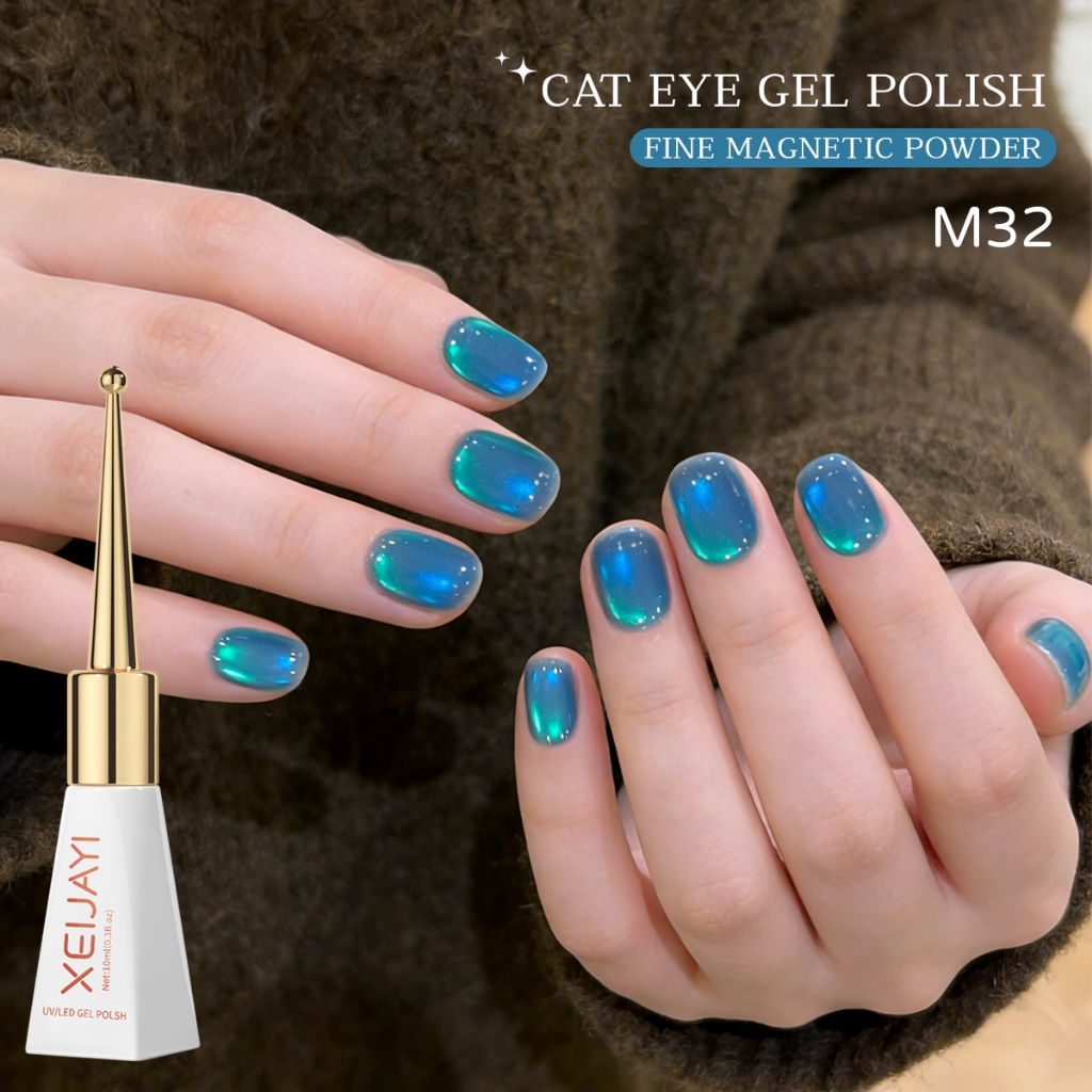 XEIJAYI 10ml - Sơn móng tay gel mắt mèo xanh siêu bóng, độ bóng lâu trôi, phù hợp cho mọi mùa.