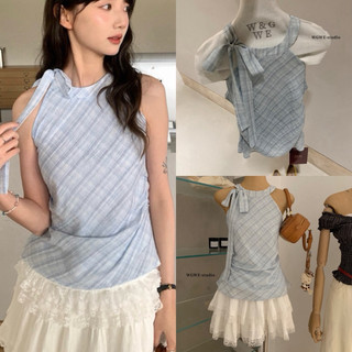 𝐏𝐡𝐢𝐞𝐧 𝐖𝐆𝐖𝐄 | (Sẵn) w9136 Áo sát Nách Kẻ Caro Chéo Màu Xanh Da Trời Nhún Eo