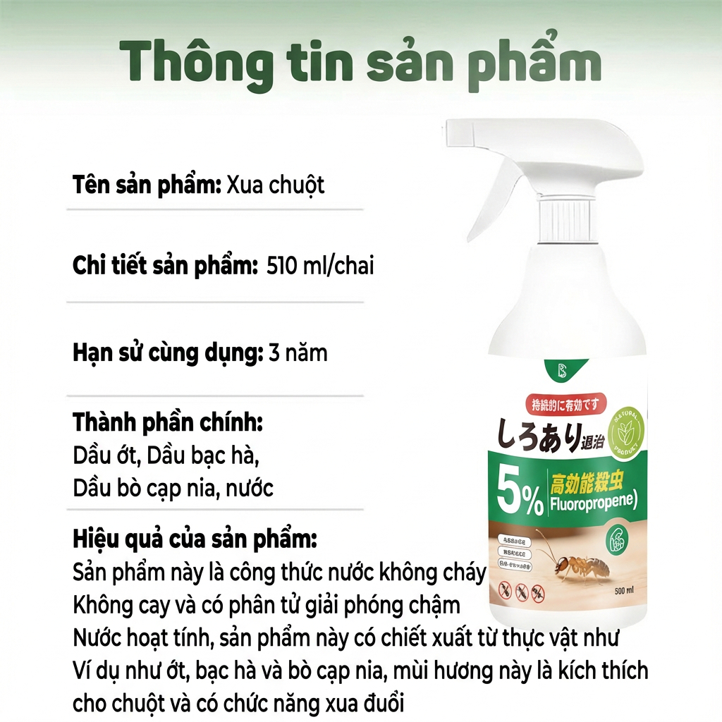 🐀 Xịt đuổi chuột 500ml – Làm chuột không còn đường sống, chiết xuất thực vật, an toàn cho mẹ & bé ✅