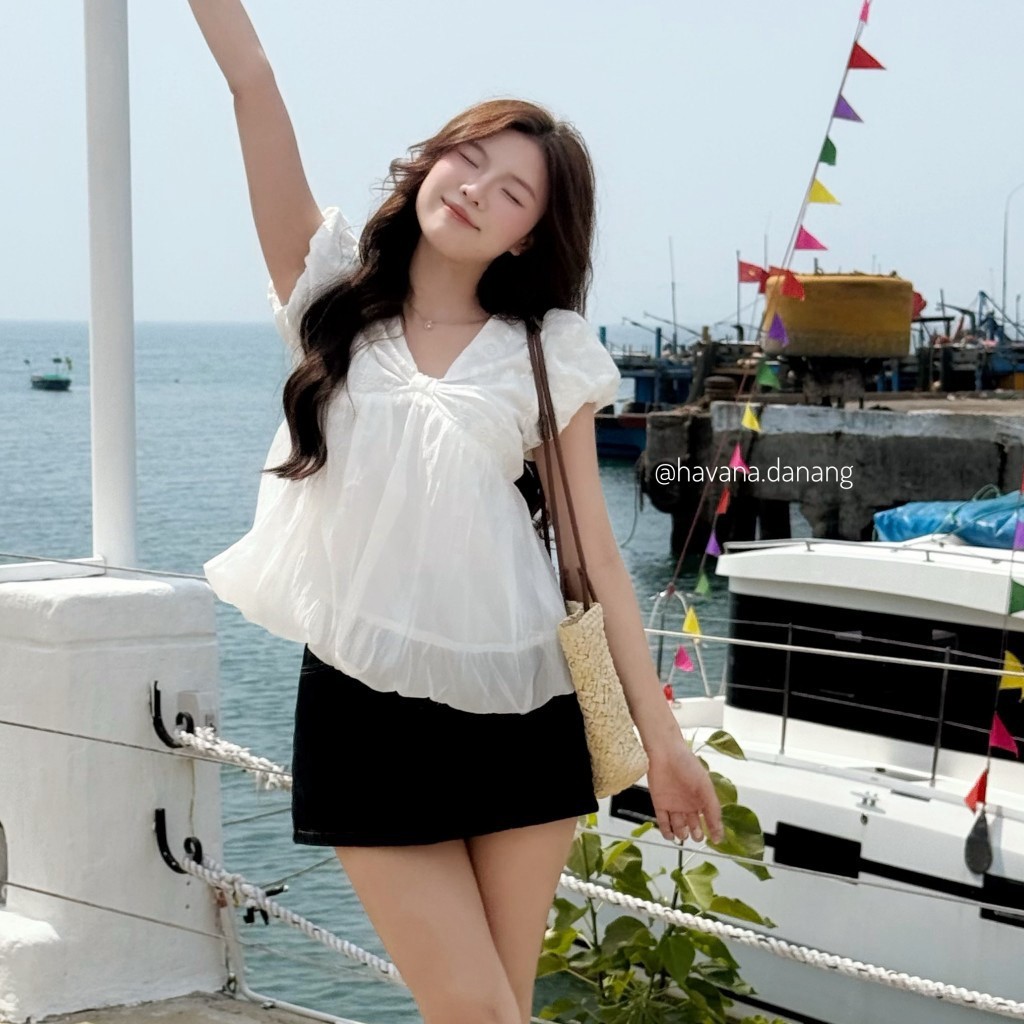 8. [BST HÈ - CHIOCO] Áo babydoll top tay bồng cổ tim dáng bí ngô, Áo BabyDoll Nữ Tay Phồng Style Tiểu Thư CHIOCO AO728