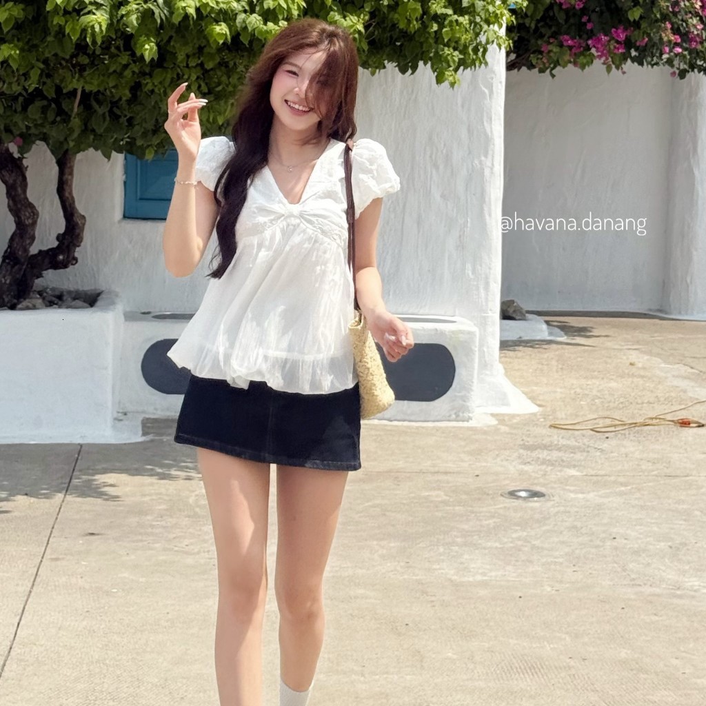 8. [BST HÈ - CHIOCO] Áo babydoll top tay bồng cổ tim dáng bí ngô, Áo BabyDoll Nữ Tay Phồng Style Tiểu Thư CHIOCO AO728