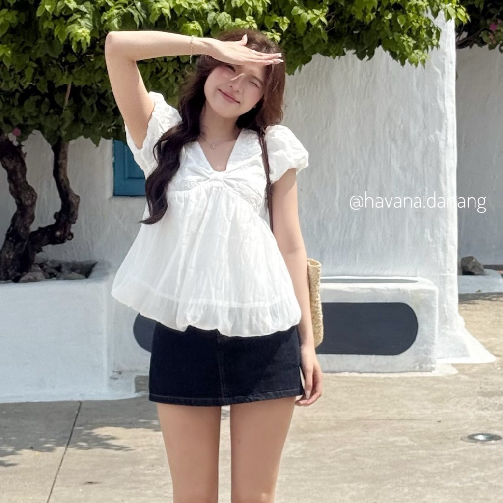 8. [BST HÈ - CHIOCO] Áo babydoll top tay bồng cổ tim dáng bí ngô, Áo BabyDoll Nữ Tay Phồng Style Tiểu Thư CHIOCO AO728