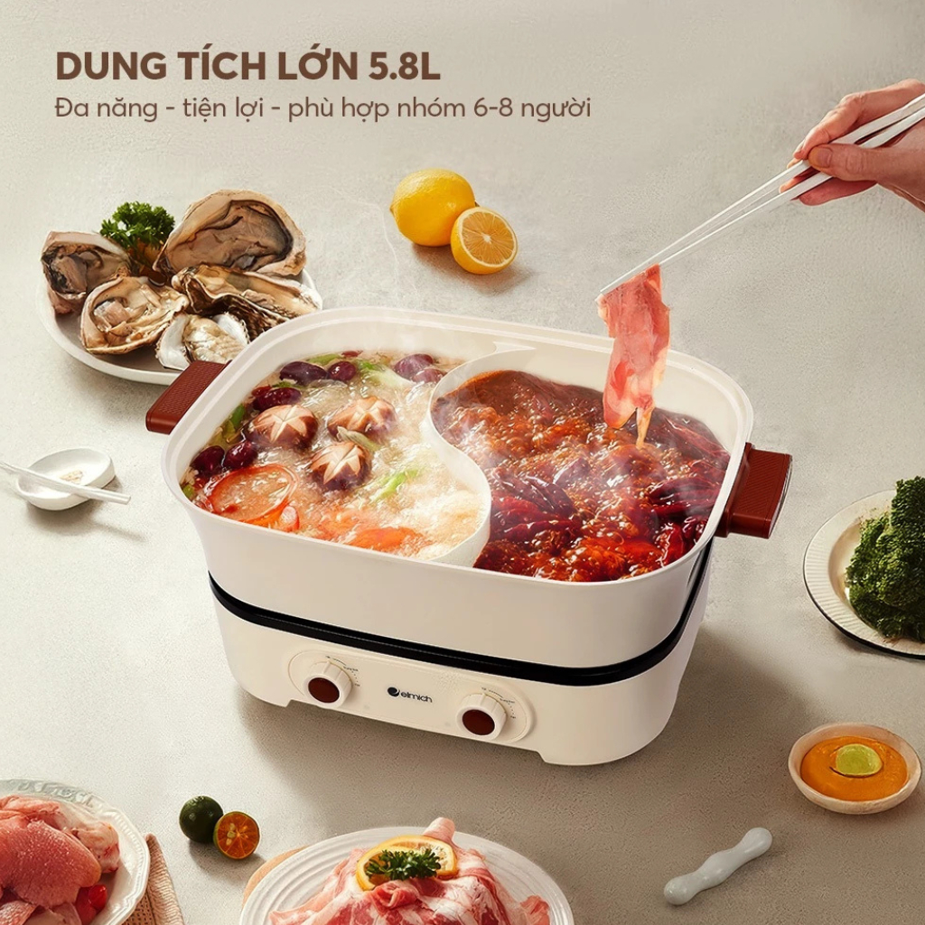 Nồi Lẩu Điện Đa Năng Elmich | Lòng nồi Chống Dính 1–2 Ngăn, Nấu Lẩu Chiên Xào, Tiện Dụng Gia Đình